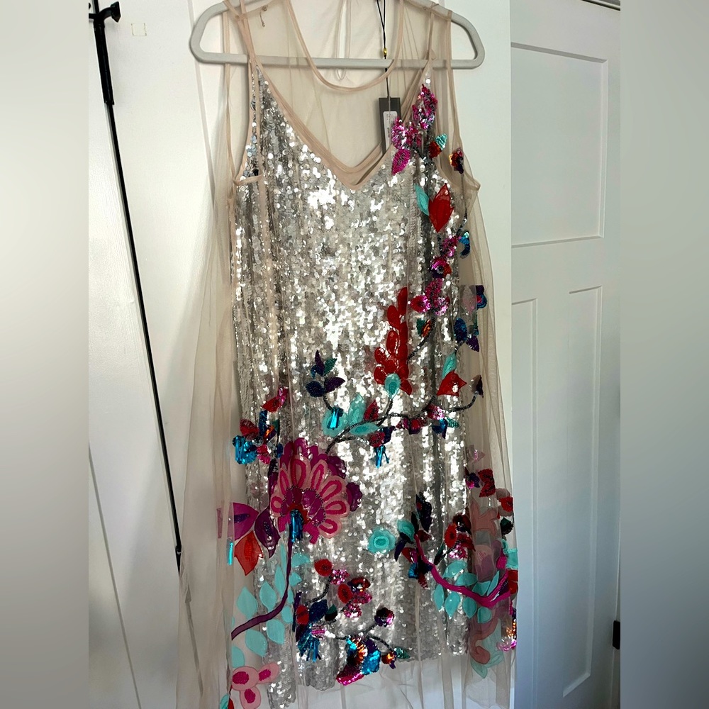 #NWT Organza Beaded Overlay Cocktail Dress with Sequin Slip Underlay